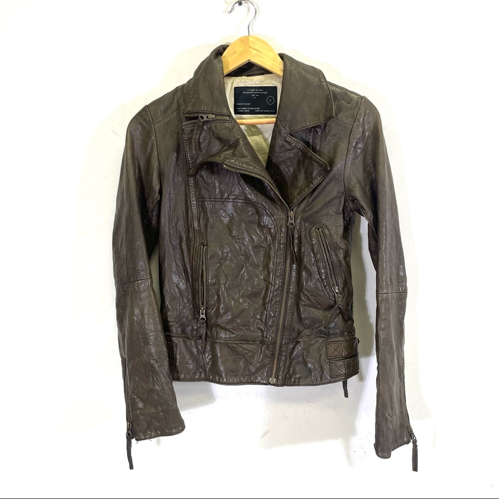 Allsaints brown leather motorcycle jacket size 8